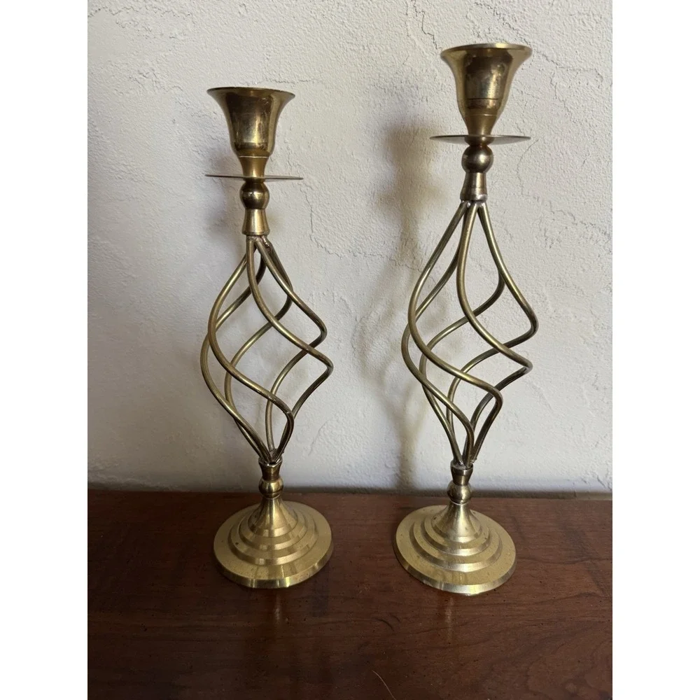 Vintage 1960s-70s Brass Open Spiral Cage Candlestick Holders, Pair‎